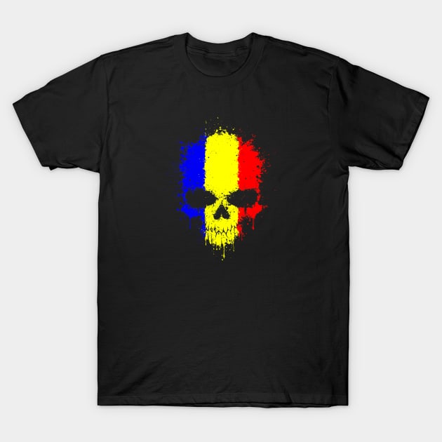 Chaotic Romanian Flag Splatter Skull T-Shirt by jeffbartels